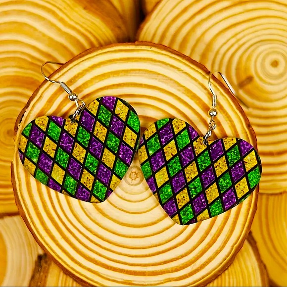 Jewelry - Mardi Gras Stained Glass Heart Earrings